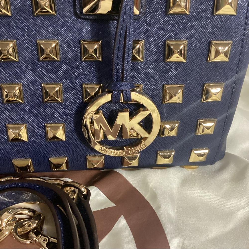 MICHAEL Kors Navy Blue Gold Studded Leather Grayson Satchel with Long Strap - Picture 4 of 13